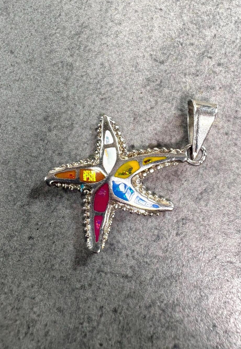 Vintage Coastal Boho Colorful Inlay Starfish Pendant Silver Tone Nautical Sea